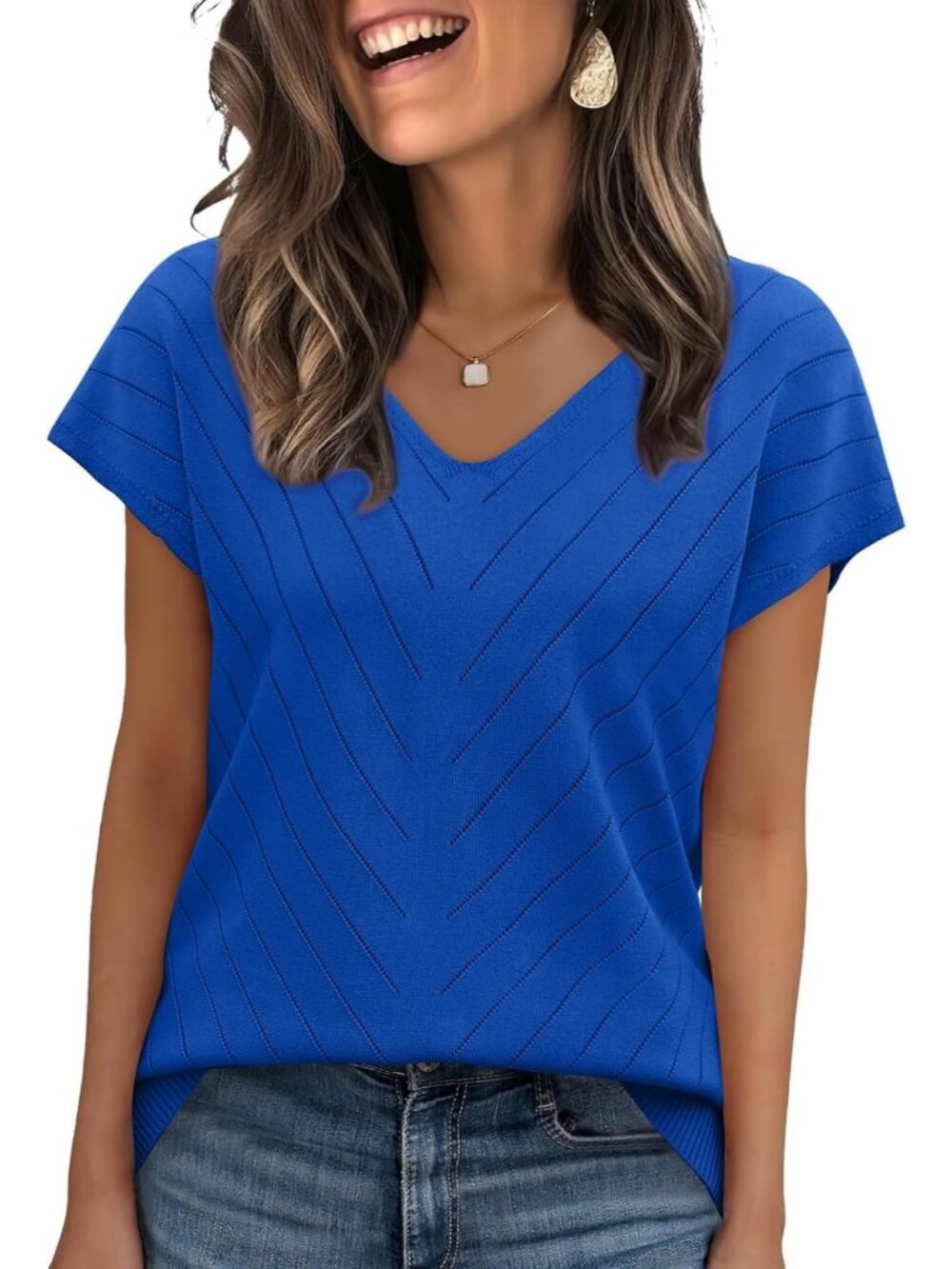 Women's Blue Trendy Summer Tops Sweater Pullover V-Neck Pull On Short Sleeve